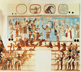 Copy of a Wall Painting from Bonampak Depicting Mayan Priests and Nobles Judging Prisoners of War